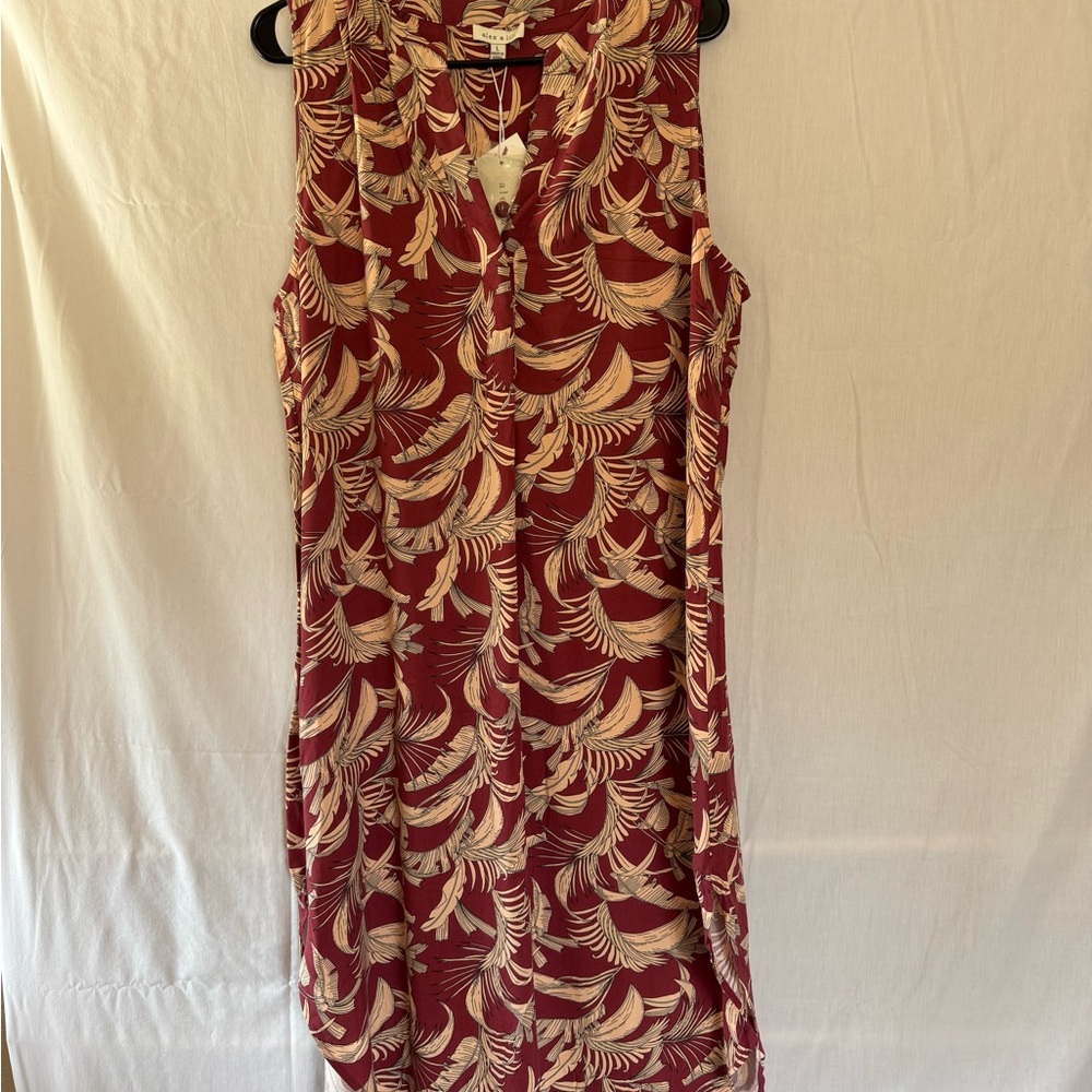Sleeveless burgundy and cream Botanical Print V-Neck Midi Dress